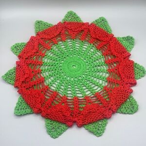 Vintage Red and Green Round Scalloped Intricate Hand Crocheted Doily